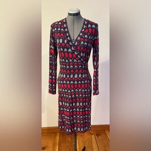 Boden Red, black, and gray midi wrap dress with long sleeves. Size 6
